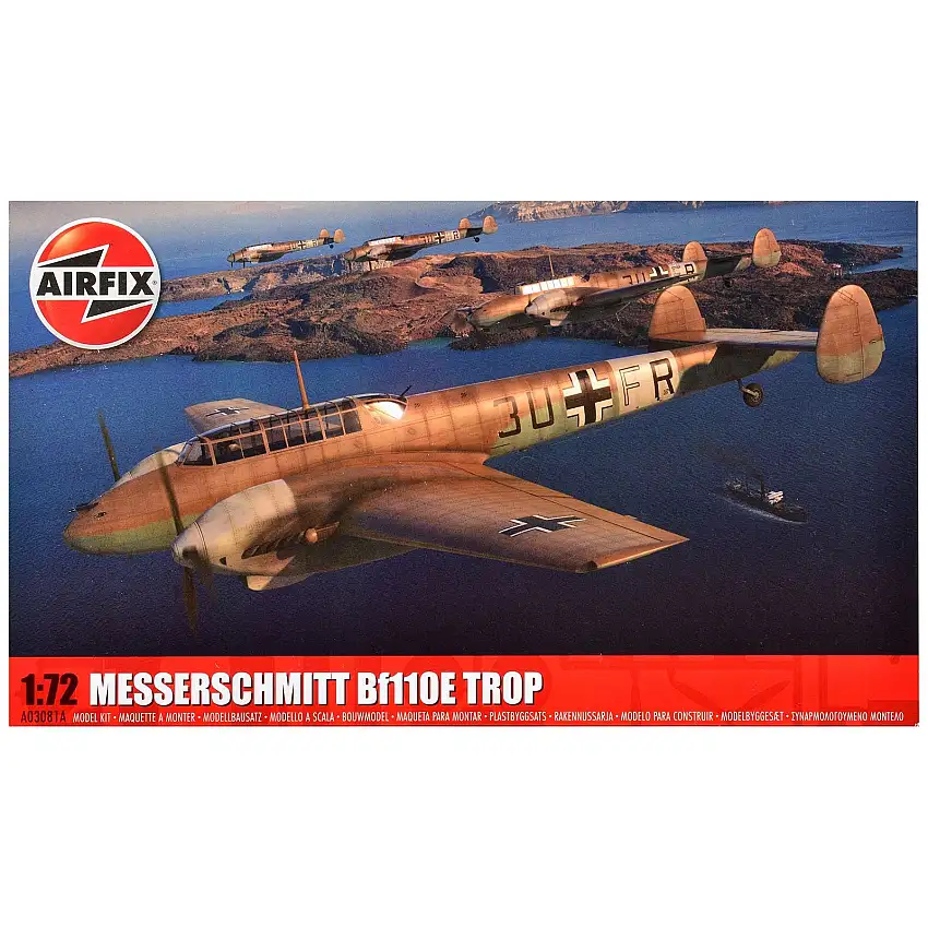 Level 2 Model Kit Messerschmitt Bf110E/E-2 TROP Fighter Aircraft with 2 Scheme Options 1/72 Plastic Model Kit by Airfix