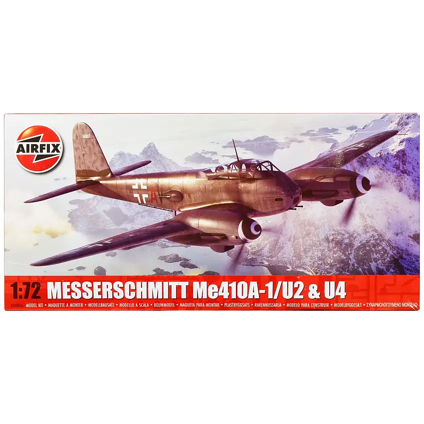 Level 2 Model Kit Messerschmitt Me410A-1/U2 & U4 Fighter-Bomber Aircraft with 2 Scheme Options 1/72 Plastic Model Kit by Airfix