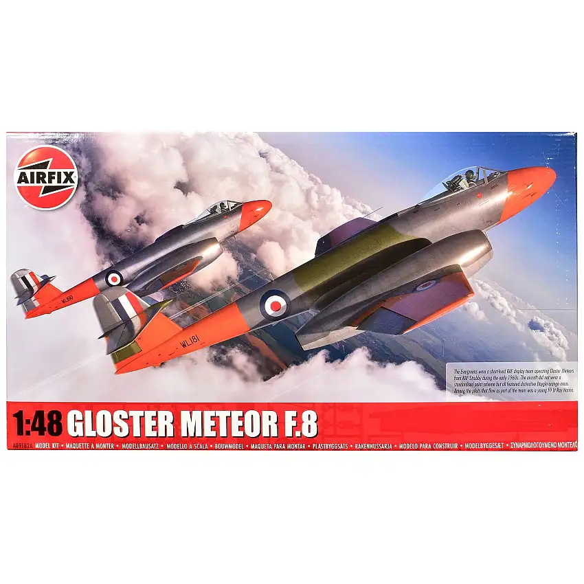 Level 3 Model Kit Gloster Meteor F.8 Aircraft with 2 Scheme Options 1/48 Plastic Model Kit by Airfix