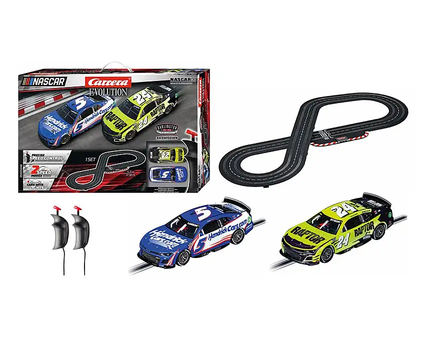 Carrera Evolution Nascar Darlington Showdown Analog 1/32 Slot Car Racing Track Set w/Two NASCAR Camaro NextGen ZL1 Cars