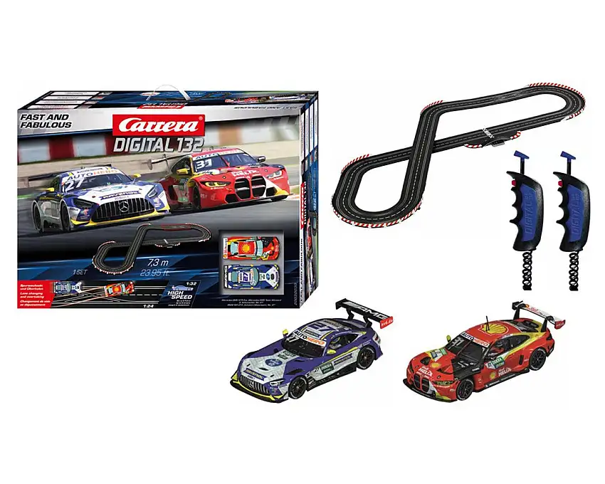 Carrera Digital 132 DTM Fast And Fabulous 1/24 Slot Car Racing Track Set w/BMW M4 GT3 & Mercedes-AMG GT3 Evo Cars