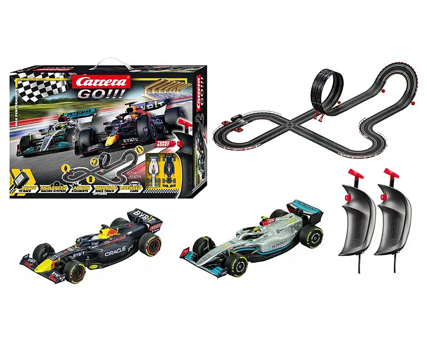 Carrera GO!!! Formula 1 Max Performance Electric 1/43 Slot Car Racing Track Set w/Red Bull Racing & Mercedes-AMG F1 Cars